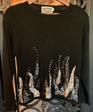 Vintage 80s Samantha Starr Sequin Flame Sweater Black Angora Silk Blend L